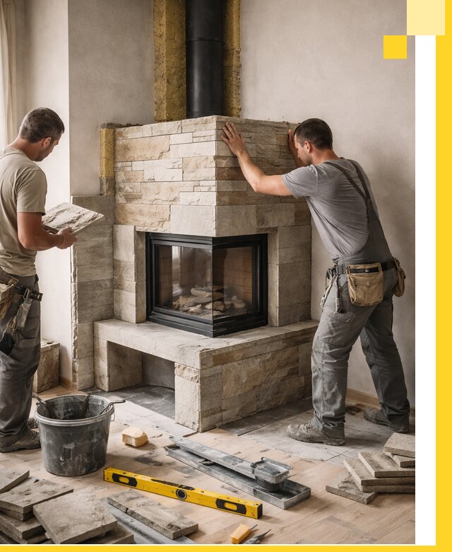 Угловые камины под ключ проект, монтаж и отделка в Кондопоге