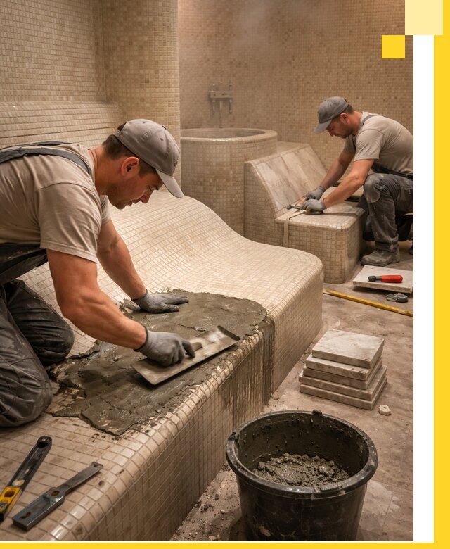 Лежаки для хамама под ключ в Кондопоге, проект и монтаж